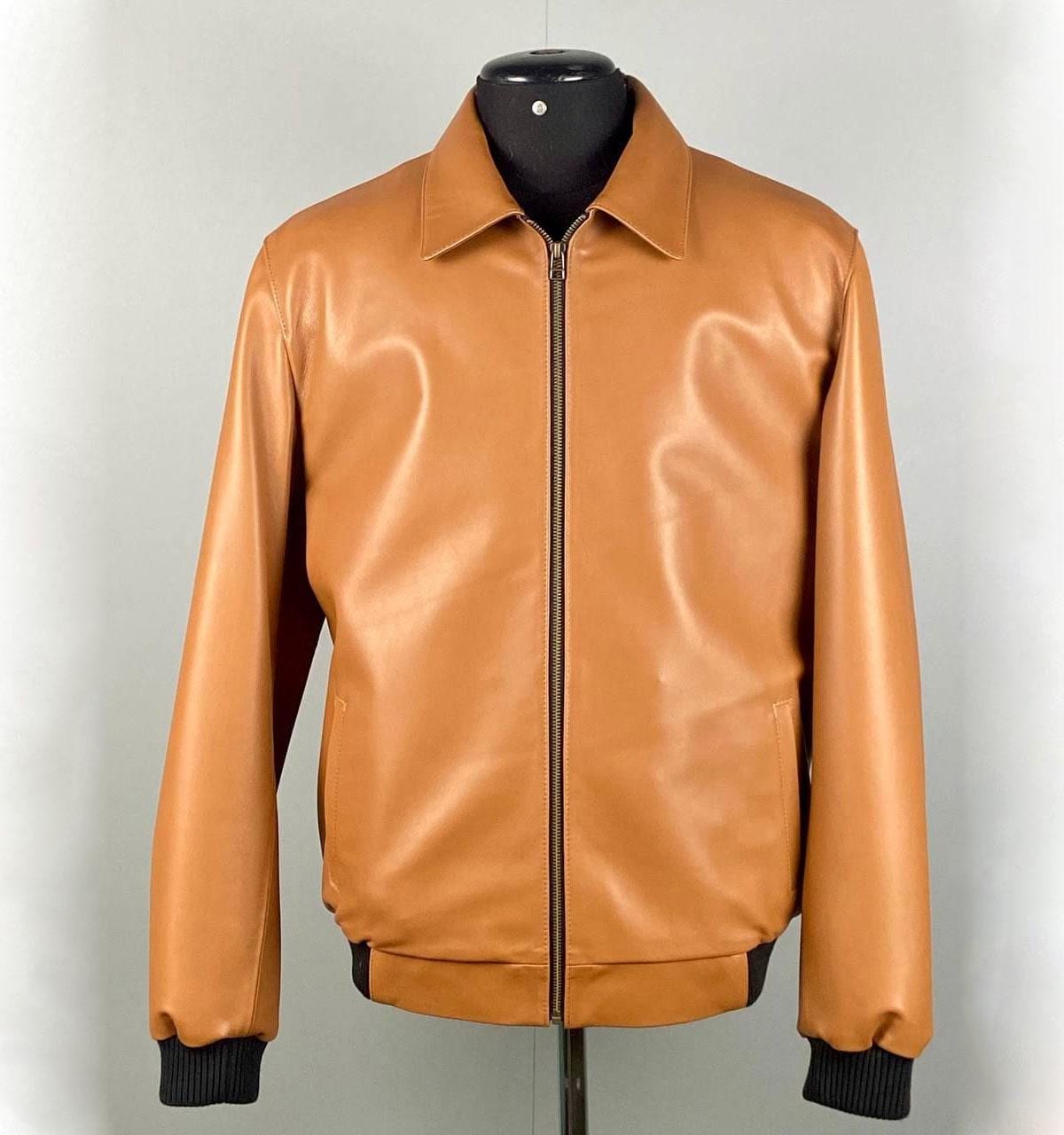Handmade Men's Leather Bomber Jacket Lambskin Casual Tan Brown Leather Biker Jacket Vintage Leather Winter Jacket, Motorcycle Biker Jacket