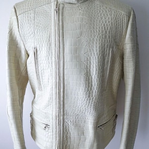 Crocodile Embossed Leather Jacket Mens White Leather Jacket Crocodile Print Jacket Alligator Embossed Luxury Leather Motorcycle Jacket