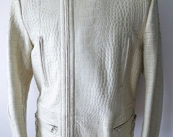 Blouson en cuir gaufré crocodile pour homme Blouson en cuir blanc pour homme Blouson moto en cuir de luxe gaufré alligator