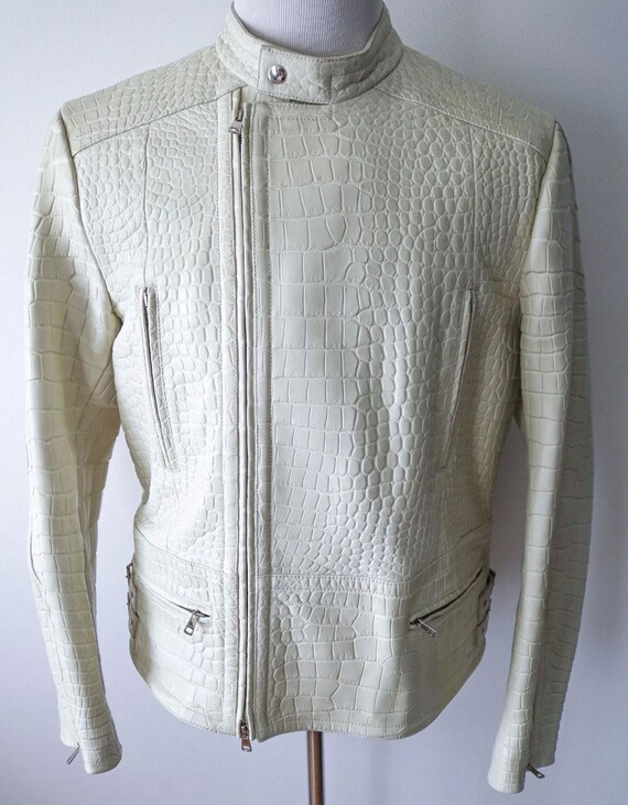 Crocodile Embossed Leather Jacket Mens White Leather Jacket Crocodile Print Jacket Alligator Embossed Luxury Leather Motorcycle Jacket