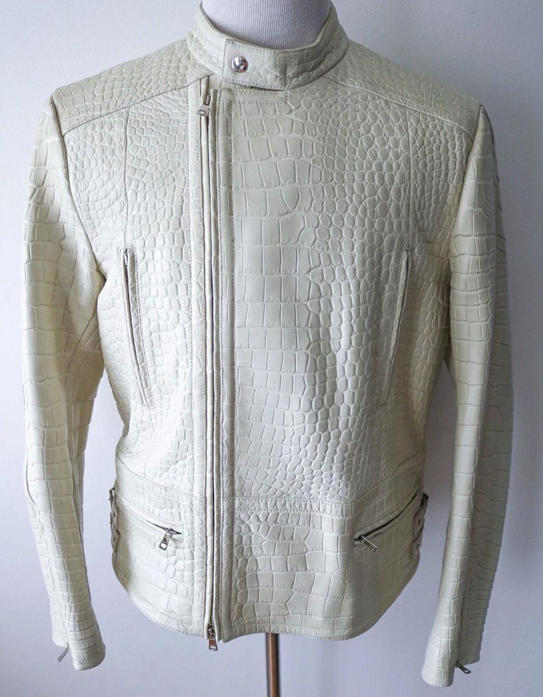Crocodile Embossed Leather Jacket Mens White Leather Jacket Crocodile Print Jacket Alligator Embossed Luxury Leather Motorcycle Jacket