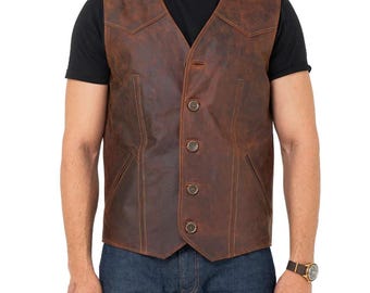 Colete masculino de couro bovino estilo western, ideal para motociclismo.