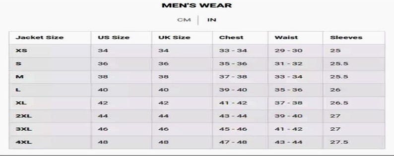 May include: A size chart for men's jackets, with measurements in inches and centimeters. The chart includes jacket sizes XS to 4XL, with corresponding US, UK, chest, waist, and sleeve measurements. The text "MEN'S WEAR" is at the top.