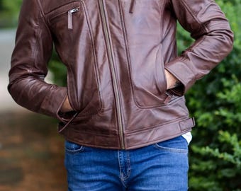 Handmade Vintage Brown Leather Bomber Jacket for Mens 90s Retro Style Real Sheep Leather Casual Streetwear Relaxed Fit Lightweight Jackets