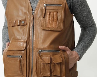 Men Classic Motorcycle Brown Leather Vest, Motorcycle Vest, Leather Jacket Men, Hunting Fishing Vest, Handmade Genuine Leather Custom Vest