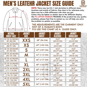 May include: A size guide for men's leather jackets, featuring a diagram and detailed measurements. Includes chest size in inches (32-52 in) and centimeters (81-131 cm), jacket size (XXS-5XL), chest, sleeves, and shoulder measurements.