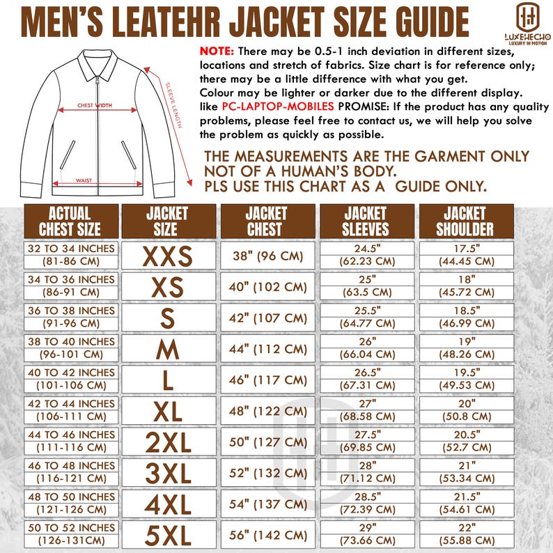 May include: A size guide for men's leather jackets, featuring a diagram and detailed measurements. Includes chest size in inches (32-52 in) and centimeters (81-131 cm), jacket size (XXS-5XL), chest, sleeves, and shoulder measurements.
