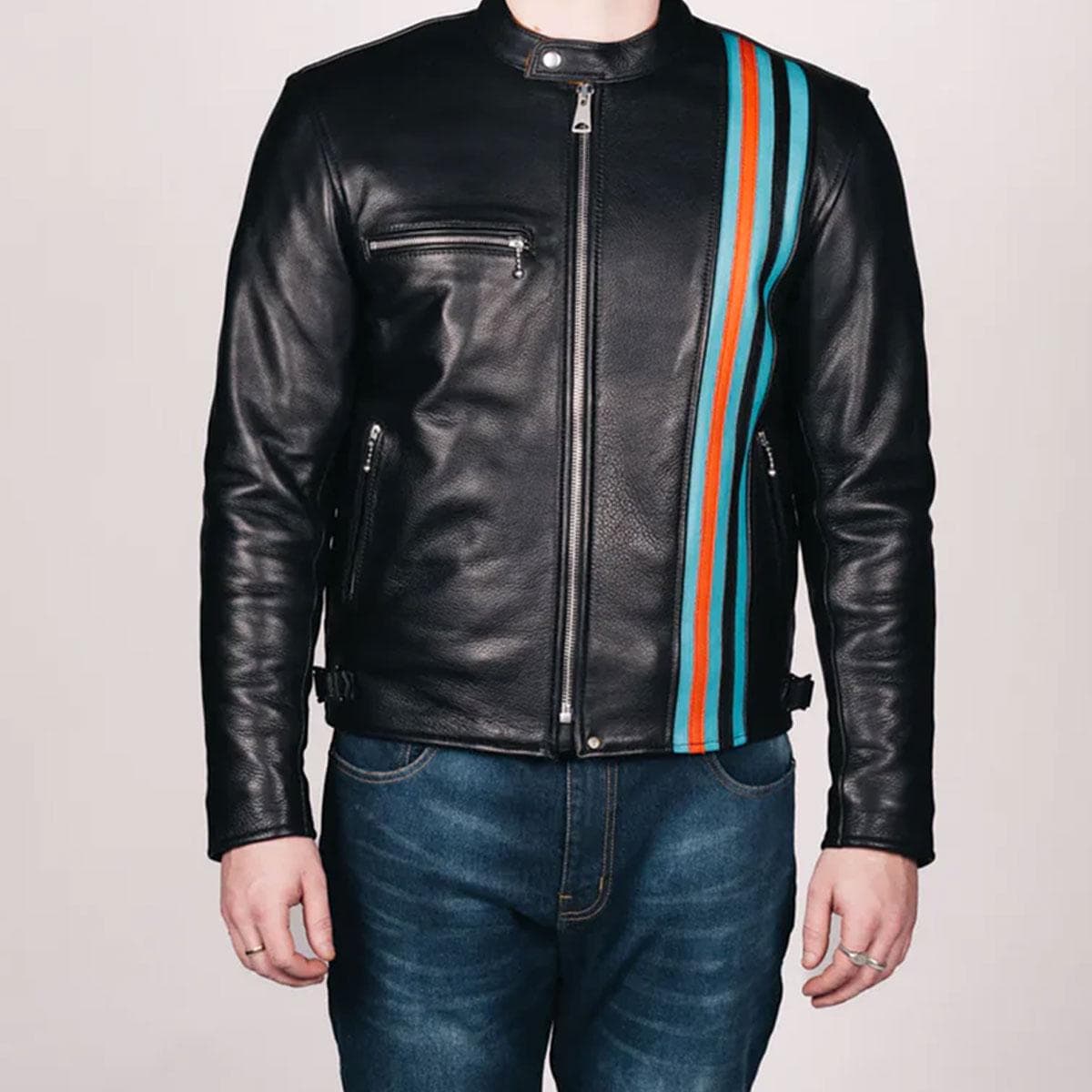 Black Motorcycle Leather Jacket with Red Blue Stripes Men's Real Leather Jacket, Motorcycle Leather Jacket, Customized Jacket Gift for him