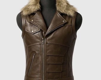 Chaleco de motociclista de piel de oveja marrón para hombre, chaqueta sin mangas con cuello de piel sintética.