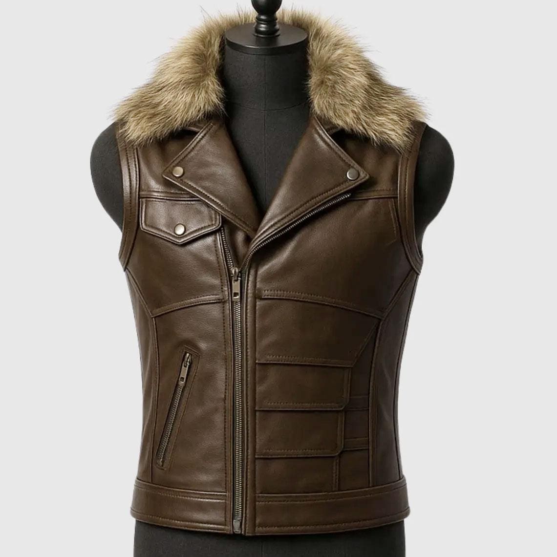 Men’s Brown Leather Biker Vest with Fur Collar, Genuine Sheepskin Hunting Café Racer Vest, Real Leather Sleeveless Jacket for Winter Fashion