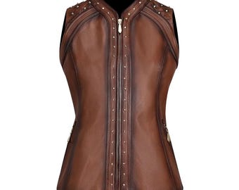 Brown Casual Fashion Leather Vest For Women, Genuine Black Leather Motorcycle Vest, Women's Biker Fashion, Motorcycle Club Style Waistcoat
