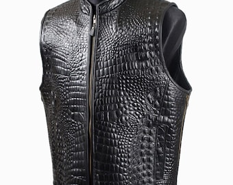 Black Men's Genuine Leather Biker Vest, Crocodile Embossed Design