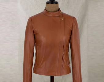 Chaqueta de cuero para mujer / Chaqueta de piel de cordero auténtica / Chaqueta motera / Chaqueta de motociclista / Chaqueta nueva hecha a mano / Chaqueta de cuero marrón