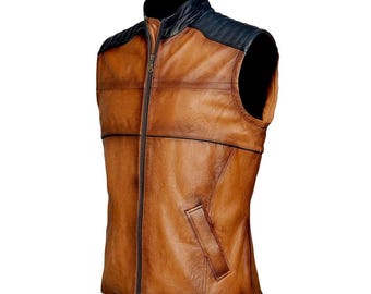 Chaleco de cuero para hombre - Chaleco de piel de cordero suave - Chaleco de cuero marrón - Chaleco de cuero de invierno - Chaleco de piel de oveja suave - Corte ajustado - Regalo único para él
