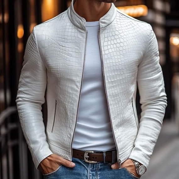 Genuine Leather Embossed Crocodile Jacket, Men's Black & White Pattern