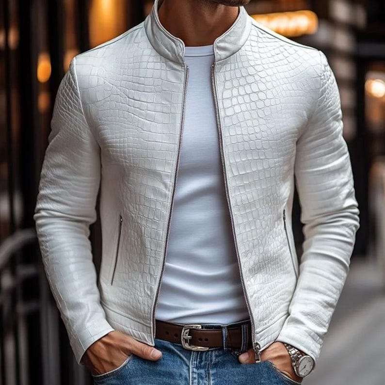 Genuine Leather Embossed Crocodile Jacket, Men's Crocodile Leather Jacket Black White Crocodile Pattern Embossed Crocodile Print Jacket