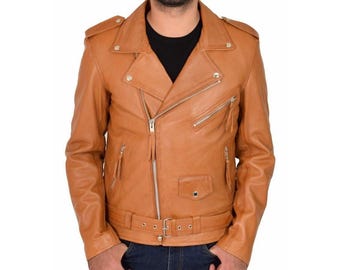 Men's Handmade Motorcycle Vintage Café Racer Biker Tan Brown Real Leather Jacket, Antique Motorcycle Real Leather Jacket, Biker Club Jacket