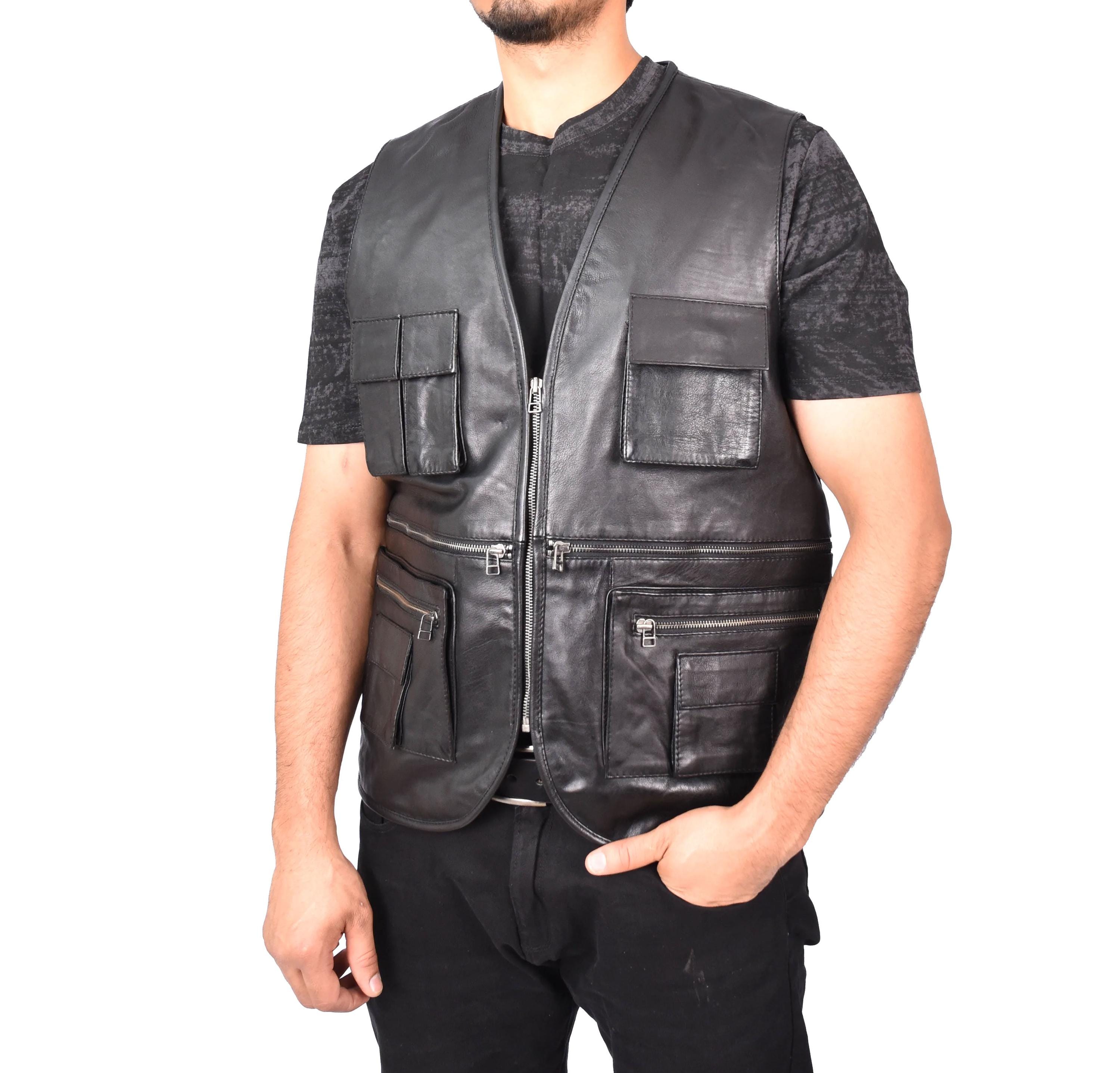 Real Leather Studded Biker Vest for Men – Men's Camping Military Style Leather Waistcoat Black Gustav, Handmade Cow Leather Motorcycle Vest