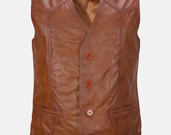 Brown leather vest men, men's Brown leather waistcoat, genuine handmade leather vest for men, sleeveless leather vest men gift for him