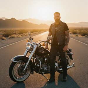 Puede incluir: Una motocicleta Harley-Davidson negra con detalles cromados y neum&aacute;ticos de banda blanca est&aacute; estacionada en una carretera des&eacute;rtica. Una persona est&aacute; de pie junto a la motocicleta. La escena est&aacute; ba&ntilde;ada por la c&aacute;lida luz del sol.