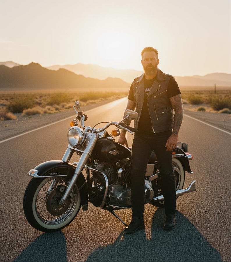 Puede incluir: Una motocicleta Harley-Davidson negra con detalles cromados y neum&aacute;ticos de banda blanca est&aacute; estacionada en una carretera des&eacute;rtica. Una persona est&aacute; de pie junto a la motocicleta. La escena est&aacute; ba&ntilde;ada por la c&aacute;lida luz del sol.