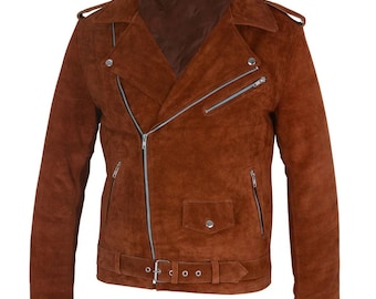 May include: A brown suede motorcycle jacket with a classic asymmetrical zipper closure. The jacket features a notched collar, multiple zippered pockets, and a belt at the waist. The jacket has silver hardware and a soft, textured appearance.