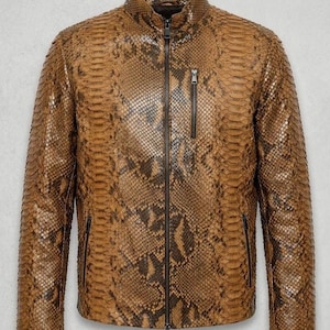 Men's Snake Print Leather Jacket - Slim Fit Brown Exotic Design Biker Coat