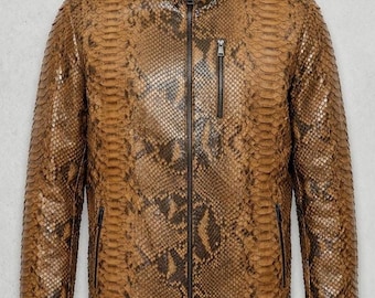 Men's Snake Print Leather Jacket - Slim Fit Brown Exotic Design Biker Coat