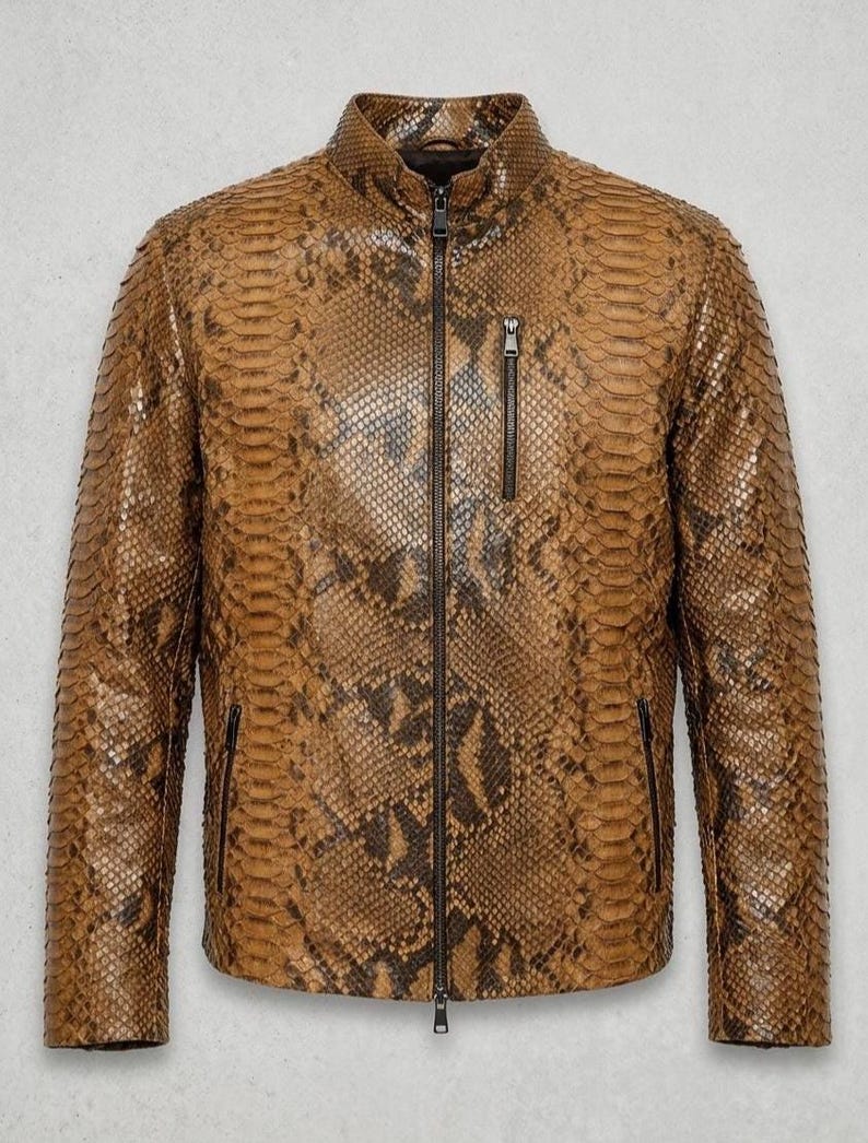 Men's Snake Print Leather Jacket - Slim Fit Brown Exotic Design Biker ...