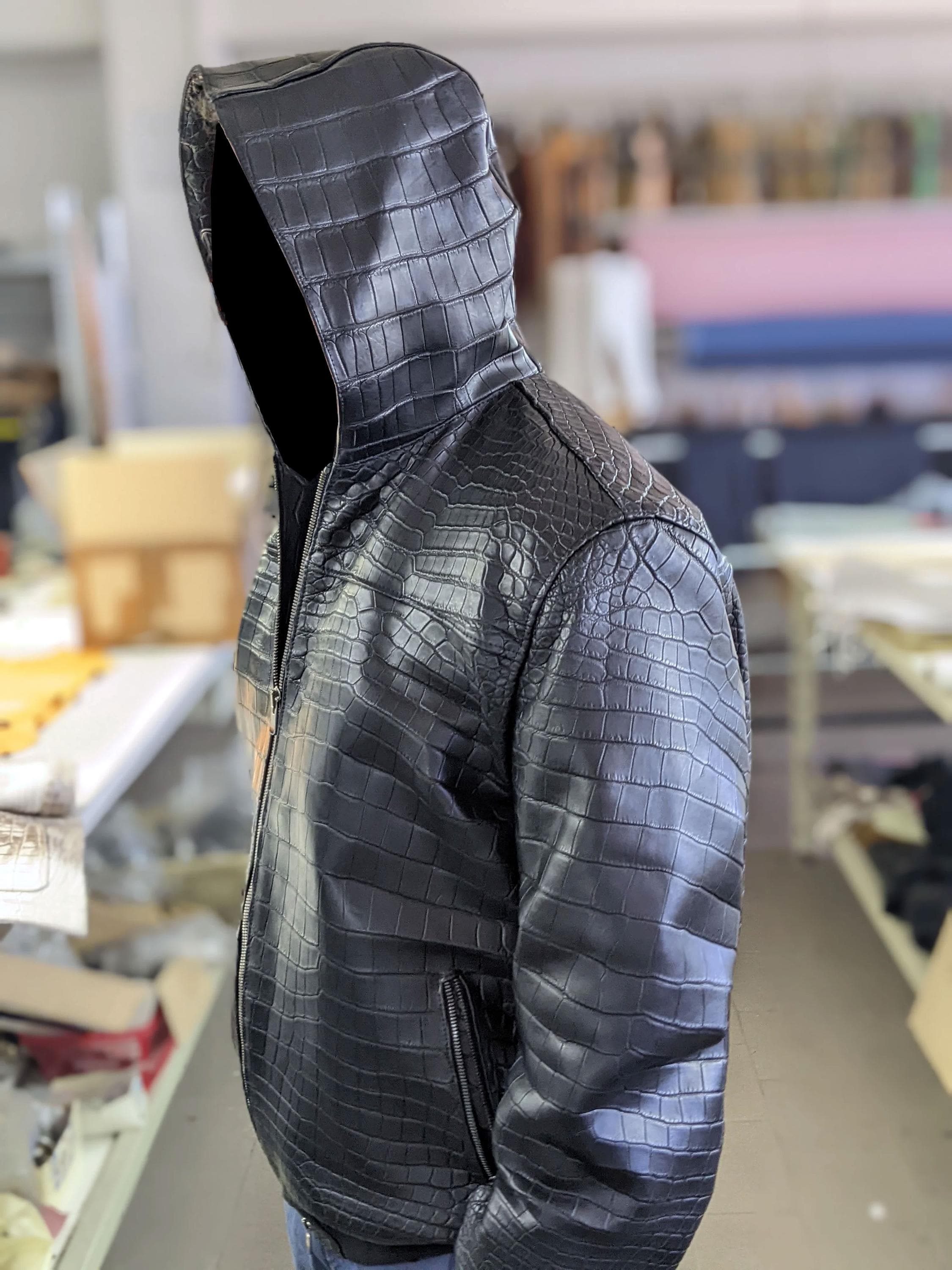 Men's Crocodile Embossed Genuine Cowhide Leather Jacket - Bomber