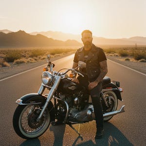 Puede incluir: Una motocicleta negra con detalles cromados est&aacute; estacionada en una carretera des&eacute;rtica al atardecer. La motocicleta tiene un faro grande, neum&aacute;ticos de banda blanca y un asiento de cuero. El conductor lleva un chaleco de cuero negro.