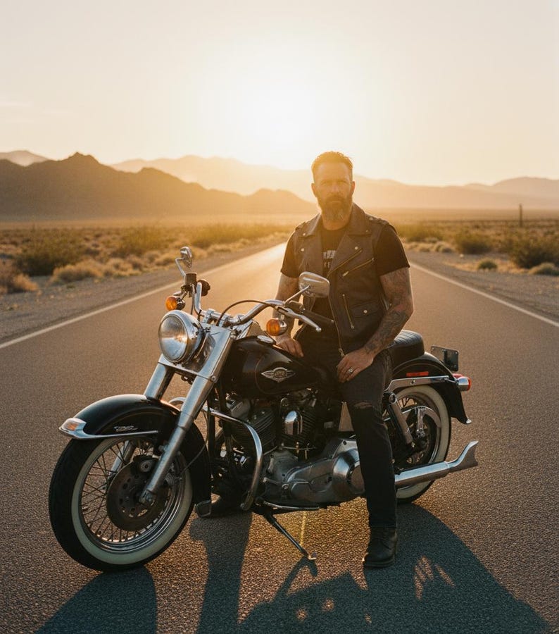 Puede incluir: Una motocicleta negra con detalles cromados est&aacute; estacionada en una carretera des&eacute;rtica al atardecer. La motocicleta tiene un faro grande, neum&aacute;ticos de banda blanca y un asiento de cuero. El conductor lleva un chaleco de cuero negro.
