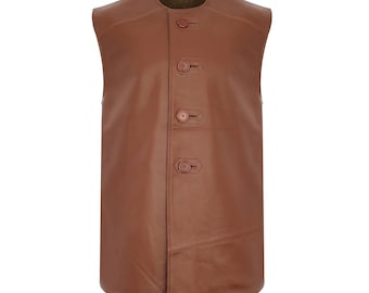 Custom Asymmetrical Tan Lambskin Leather Vest Men, Handmade Sleeveless Waistcoat, Collarless Tab Button