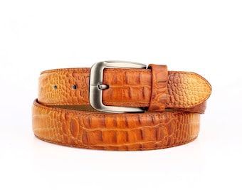 Men's Genuine Cowhide Leather Belt, Crocodile Embossed, Brown , Black , Maroon