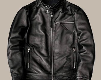 Jaqueta de couro masculina estilo motociclista - Jaqueta de couro artesanal para motociclistas - Casaco de couro legítimo de cordeiro com corte slim para homens - Casaco de couro masculino