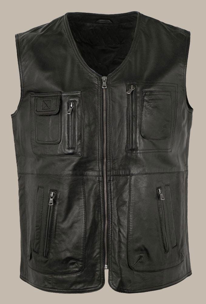 Mens Handmade Black Vintage Biker Vest, Genuine Sheepskin Hunting Café Racer Vest, Real Lambskin Casual Motorcycle Vest, Slim Leather Vest