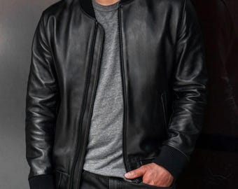 Black Lambskin Leather Bomber Jacket | Vintage Motorcycle Biker Style