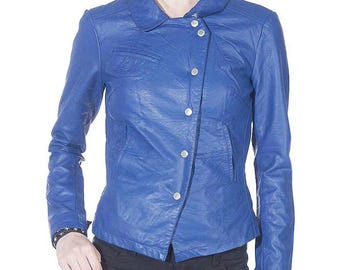 Chaqueta de cuero azul para mujer - Hecha a mano en cuero auténtico - Chaqueta clásica para mujer - Abrigo de cuero estilo motero para mujer - Ropa casual de cuero para mujer