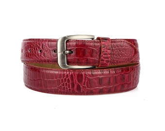 Ceinture en cuir de vachette gaufré crocodile bordeaux, bracelet homme bordeaux fait main