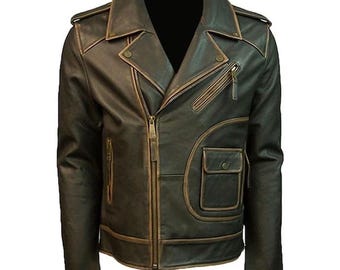 メンズ ブラウン ハンドメイド ダメージ加工レザージャケット バイカー モーターサイクルジャケット、本革カウハイド レトロスタイル ストリートウェア ウィンタージャケット
