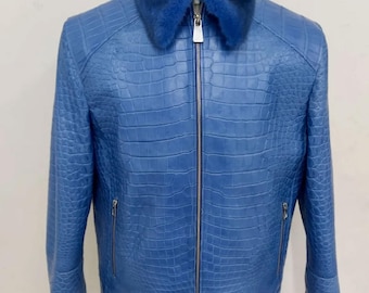 Men's Genuine Crocodile Leather Jacket with Fur Collar