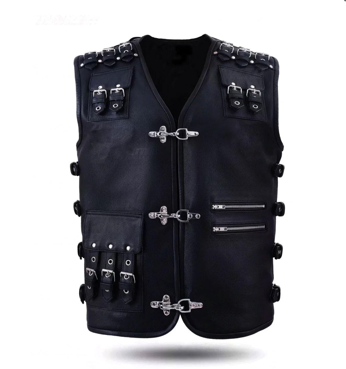 Real Leather Studded Biker Vest for Men – Heavy Duty with Buckles, Handmade Cow Leather Motorcycle Vest, Antique Brass Clasp, Biker Gift