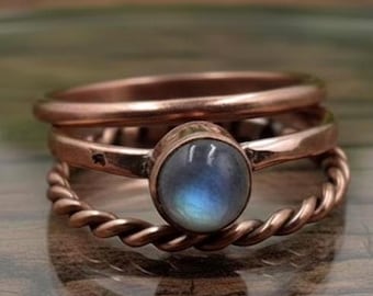 Handgemachte Mondstein Kupfer Ring Set | Boho Vintage Schmuck