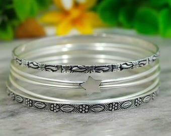 925 Pure Sterling Silver Handmade Oxidised Silver Bangles Set for