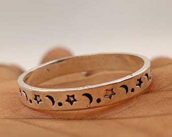 Sterling Silver Moon and Star Ring, Celestial Boho Jewelry