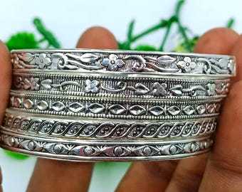 Handmade Sterling Silver Bangle Set | Vintage Floral Stackable Bracelets