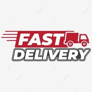 K&ouml;nnte beinhalten: Eine rot-wei&szlig;e Grafik mit den Worten "FAST DELIVERY" und einem roten LKW-Symbol. Der Text ist in einer fetten, serifenlosen Schriftart gehalten, und der LKW ist einfach und stilisiert dargestellt. Der Hintergrund ist wei&szlig;.