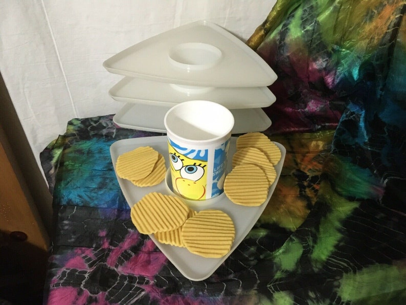 4 Vintage Tupperware 734 Sheer Triangle Snack Trays with Cup Holder RARE