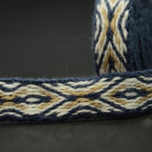 May include: Close-up of a woven ribbon with a repeating geometric pattern. The ribbon features a navy blue background with a design in beige and off-white. The ribbon is rolled up, with a portion unrolled.