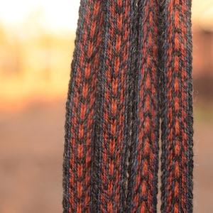 May include: Close-up of a woven textile with a repeating chevron pattern. The textile features a combination of orange, black, and blue threads, creating a textured and visually appealing design. The background is blurred, suggesting an outdoor setting.